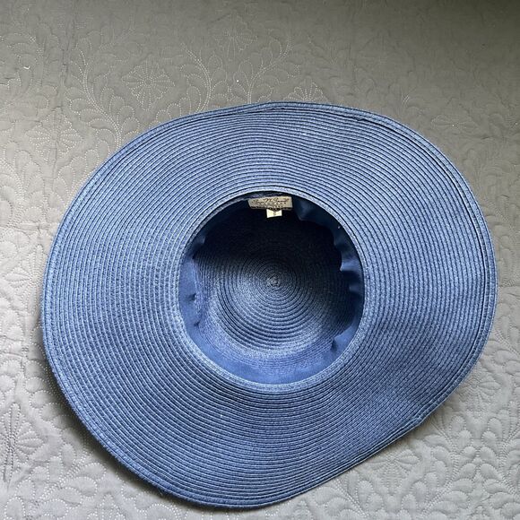 Sun N Sand Wide Brim Large Straw Floppy Navy Blue Beach Hat w/Bow Resort 18” Dia main image 9